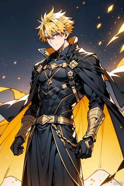 messy yellow hair,tall,short
hair, black_gloves,black cape,1 male,strong