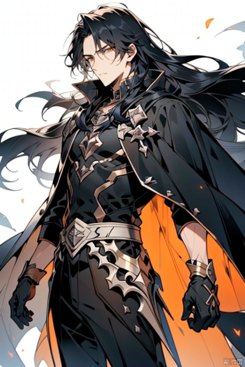  messy black hair,orange eyes,slim,tall,long
hair, black_gloves,black cape,1 male,strong








