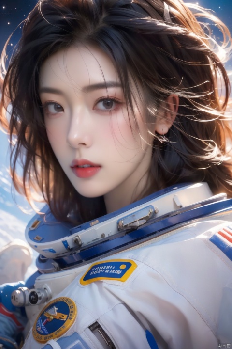  1lady, (best quality:1.3), (masterpiece:1.3), (detailed:1.2), 8K, space station scene, an astronaut floating gracefully inside the International Space Station, surrounded by a multitude of high-tech equipment and instruments, (soft:1.4) diffused lighting with gentle reflections of sunlight off the space station's surfaces, (close-up:1.3) shot style focusing on the astronaut's face and upper body, (realistic art style:1.2) with meticulous attention to detail on the spacesuit, highlighting the texture and functionality of each component. The astronaut's visor reflects the vastness of space, witnessing the Earth below and the stars above, , solitude, beauty, and scientific exploration that encompass the experience of being an astronaut in space,red flag,large breasts