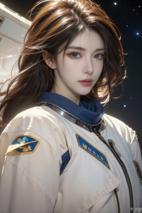  1lady, (best quality:1.3), (masterpiece:1.3), (detailed:1.2), 8K, space station scene, an astronaut floating gracefully inside the International Space Station, surrounded by a multitude of high-tech equipment and instruments, (soft:1.4) diffused lighting with gentle reflections of sunlight off the space station's surfaces, (close-up:1.3) shot style focusing on the astronaut's face and upper body, (realistic art style:1.2) with meticulous attention to detail on the spacesuit, highlighting the texture and functionality of each component. The astronaut's visor reflects the vastness of space, witnessing the Earth below and the stars above, , solitude, beauty, and scientific exploration that encompass the experience of being an astronaut in space,red flag,large breasts
