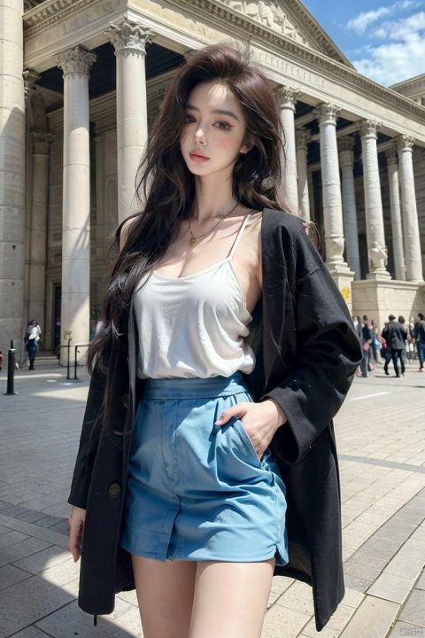  masterpiece, best quality,1girl,solo focus,standing in front of a building, black long hair, wearing a necklace, delicate face, beautiful eye, long coat,blue short skirt,snap-fit buckle,close-up,hand in pocket, dofas