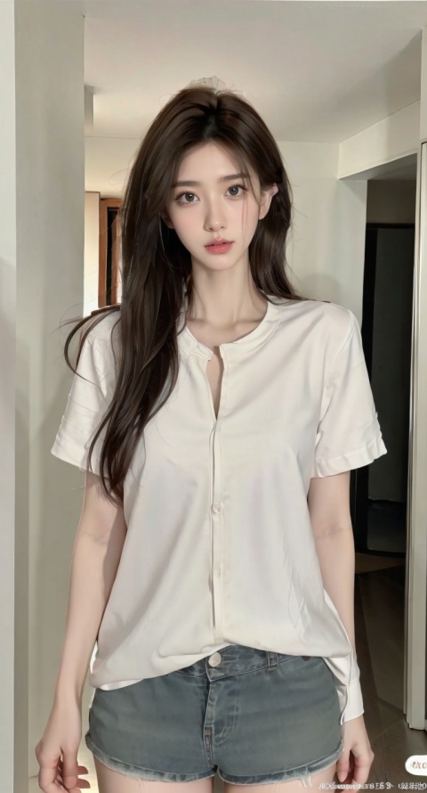  TM, 1 Girl, Solo, Film, Long Hair, Upper Body, Illuminated Edge, Brown Hair, Looking At Camera, Black Hair, Reality. White loose short sleeves, denim shorts., liuyifei, 1 girl,Barefoot