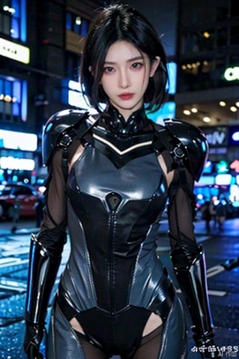  1girl,stealth stance,cybernetic enhancements,short black hair,blue eyes,high-tech Tight combat suit,Invisible night clothes,Black matt clothing material,neon cityscape,neon glow,focused expression,dynamic pose,neon reflections,Whole body,