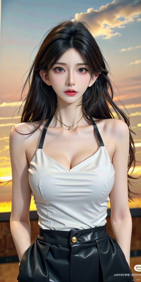  NSFW,Frontal photography,Look front,evening,dark clouds,the setting sun,On the city rooftop,1girl,Black top,Black Leggings,black hair,long hair, dark theme, muted tones, pastel colors, high contrast, (natural skin texture, A dim light, high clarity) ((sky background))((Facial highlights)),cleavage cutout