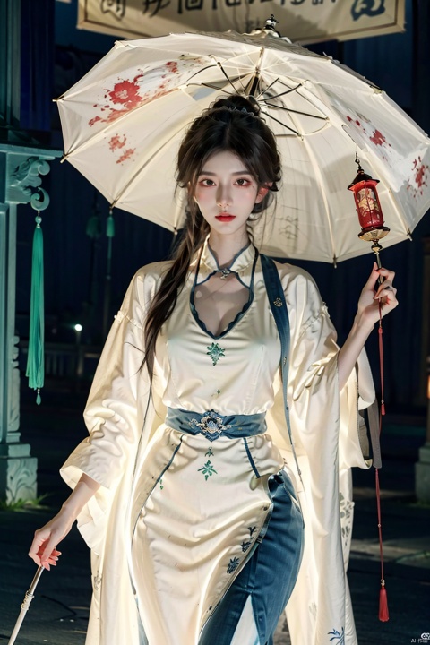  A girl with a flowing white mane leads a spectral parade, her soul flag a symbol of her control over the ghosts and monsters that follow. The scene is a CG wallpaper that captures the essence of a hundred ghosts' night walk, with each supernatural being—lantern ghost, umbrella ghost, and jiangshi—designed with official special effects for a hauntingly beautiful experience.