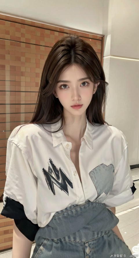  TM, 1 Girl, Solo, Film, Long Hair, Upper Body, Illuminated Edge, Brown Hair, Looking At Camera, Black Hair, Reality. White loose short sleeves, denim shorts., liuyifei, 1 girl,Barefoot