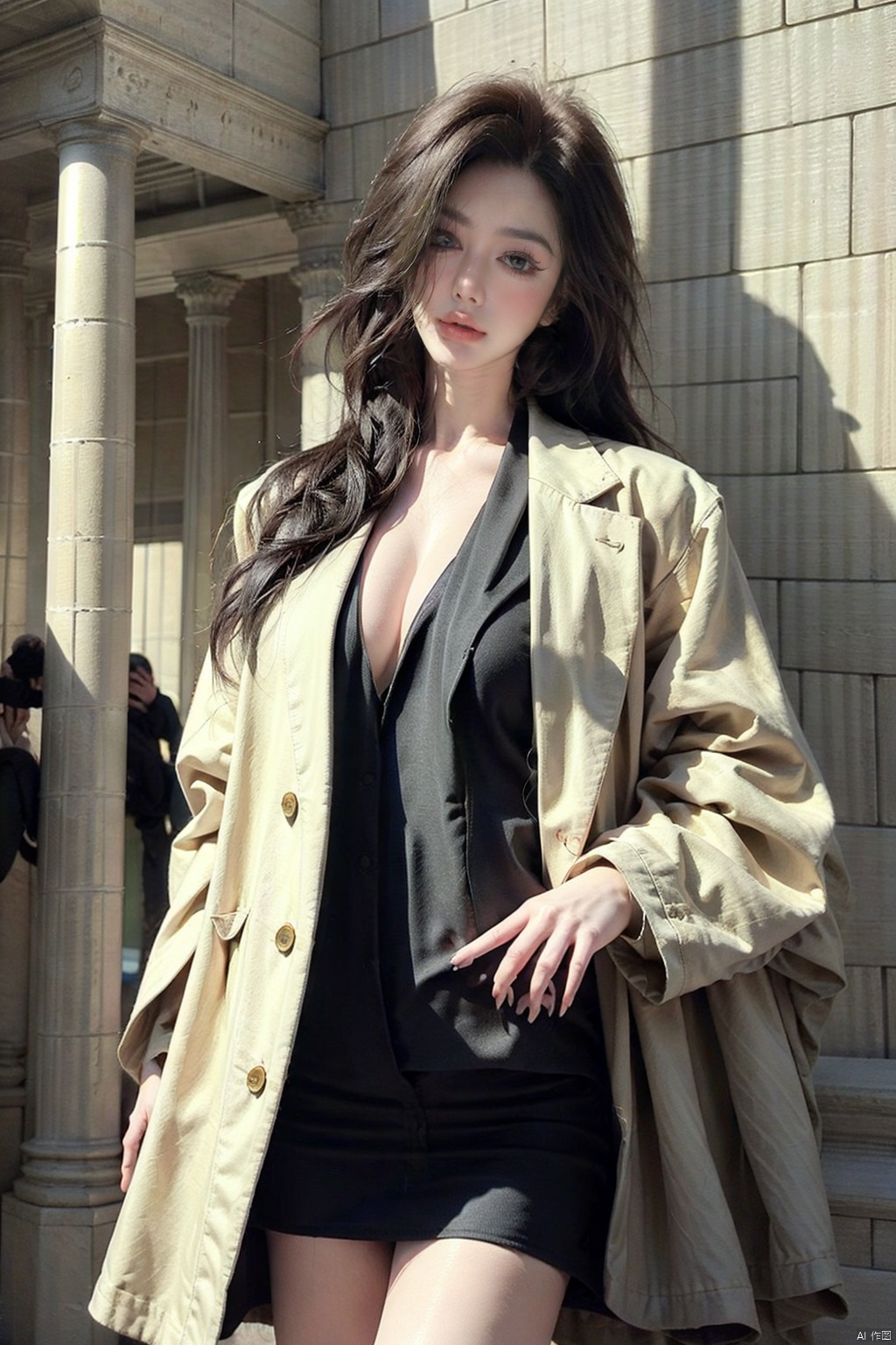  masterpiece, best quality,1girl,solo focus,standing in front of a building, black long hair, wearing a necklace, delicate face, beautiful eye, long coat,blue short skirt,snap-fit buckle,close-up,hand in pocket, dofas