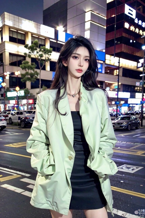  masterpiece, best quality,1girl,solo focus,standing in front of a building, black long hair, wearing a necklace, delicate face, beautiful eye, long coat,blue short skirt,snap-fit buckle,close-up,hand in pocket, dofas