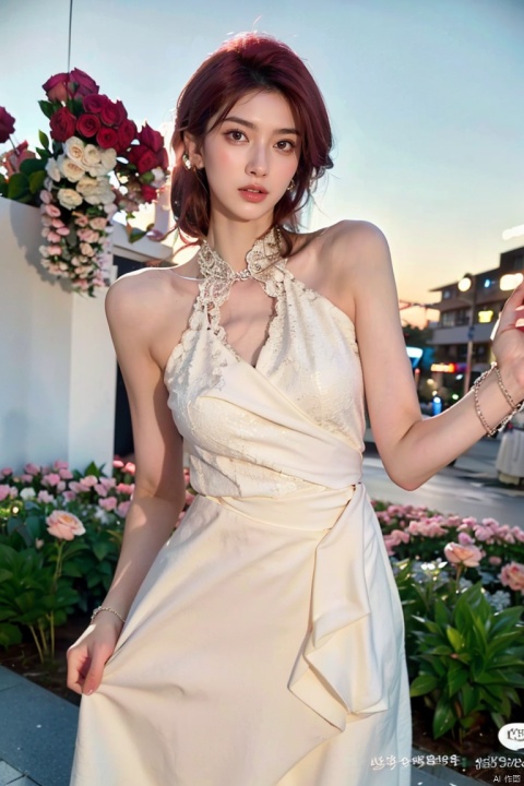(Floral_wrap_top:1.4),(Midi_skirt:1.4),(Beaded_bracelets:1.3),(Garden_party_background:1.5)1girl,solo,pink hair,outdoors,streets,street,city,(Beach_background:1.3),(masterpiece, best quality, realistic,),(photorealistic:1.4),moyou,chinese woman,lip,brown eyes,(brighteninglight:1.2),(Increasequality:1.4),finelydetailedeyes,She has exquisite facial features and delicate skin,Rich and realistic skin texture,fine hands,the magnificent red evening dress was adorned with sparkling jewelry,(Romantic_lace_top:1.5),(Flowy_maxi_skirt:1.4),(Delicate_bracelet:1.3),(Garden_wedding_background:1.3),