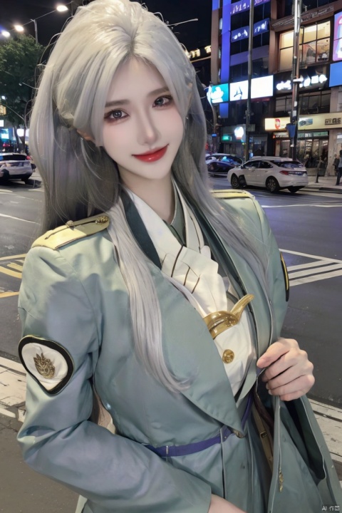  girl, long hair, white hair, purple eyes, military uniform, smile, street