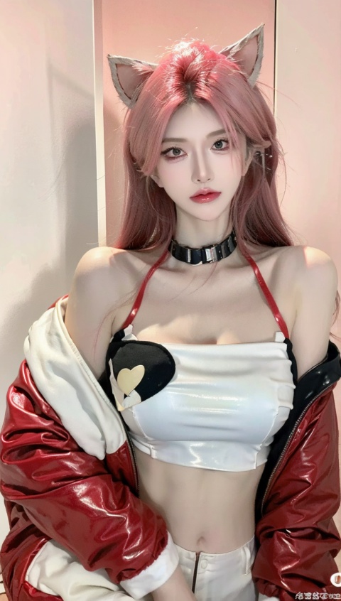  1girl, solo, animal ears, pink hair, short hair, pink eyes, tube top, choker, cat ears, Pink latex jacket, cleavage,breasts,, midriff, watermark, upper body, collar, heart, Tender and luminous face, Tight and elastic face, Cute ears, gradient hair, huliya, Tight latex clothing,christmas