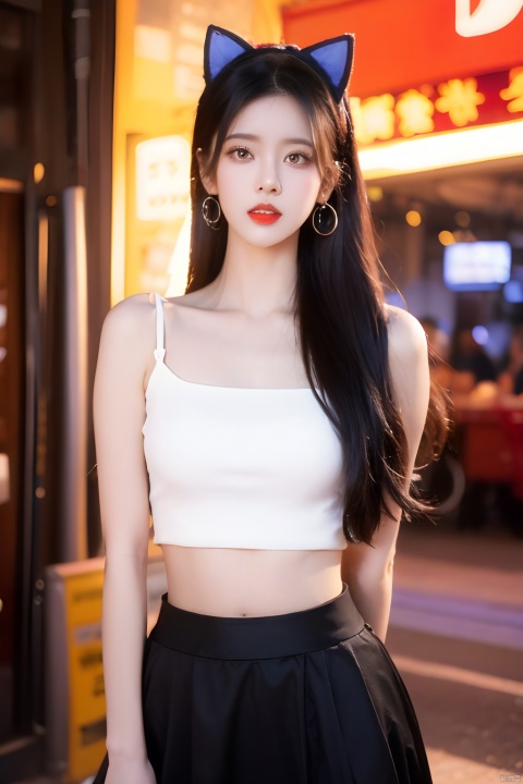 long hair, looking at viewer, multiple girls, skirt, brown hair, black hair, navel, animal ears, jewelry, standing, tail, earrings, solo focus, midriff, cat ears, black skirt, lips, clothing cutout, fake animal ears, red lips, neon lights