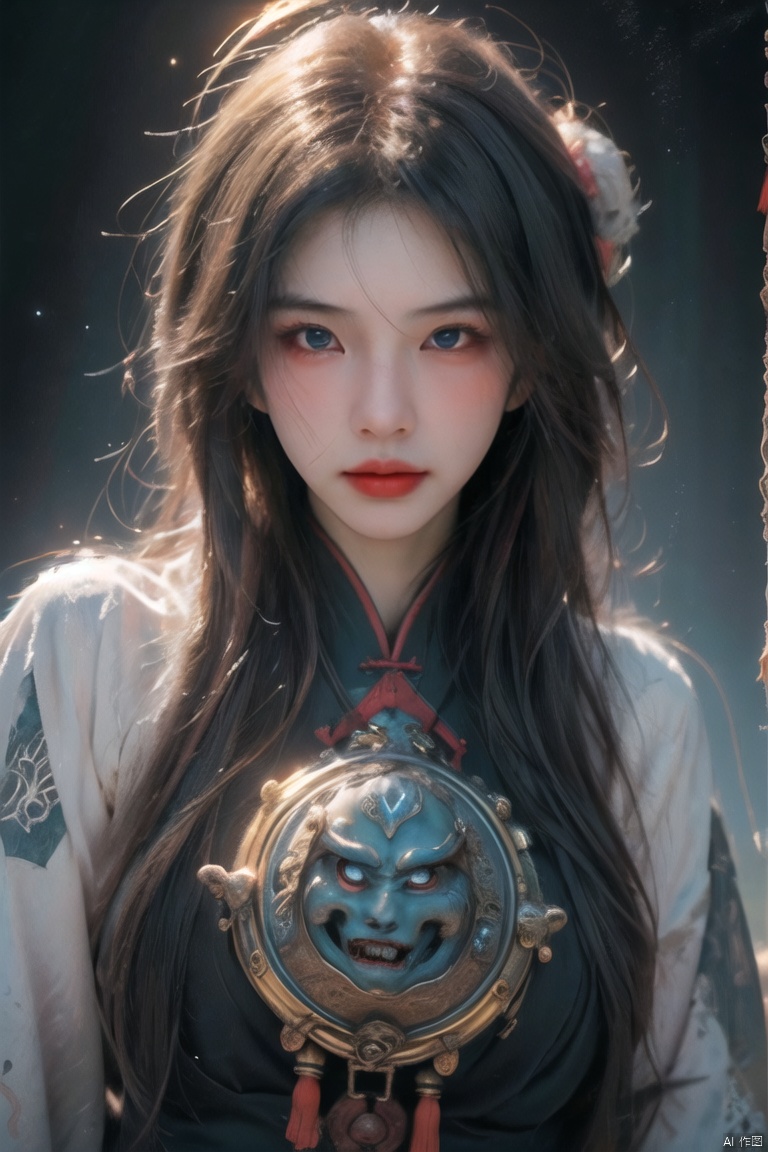  1girl,asian,smile,dressed,realistic,camera,(minimalism:1.3),(chinese shanhaijing),(a monster myth :1.5),mmortal beast from mythology,Chinese classical patterns,Taoism of chinese,themes such as the power of the subconscious mind,dreams,death,eroticism,Freudian symbolism,and the intersection between human and animal are often explored in surrealist photo,8k,digital art,macro photo,quantum dots,sharp focus,dark shot,cinematic,style by H.R. Giger,fear,a tense expression,,