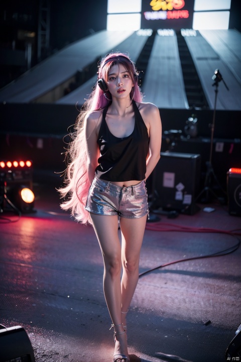 fluffy hair,long floating hair,(super long hair),shiny pink hair,shiny hair,1 girl,alone,long hair,blue eyes,(pink hair),pink hair,looking at the audience,smiling,make-up face prints,purple hair,colored hair,thighs,outdoors,full body ((masterpiece)),(((best quality))),((ultra-detailed)),((illustration)),A lot of waving glow sticks,Stage,Concert,(solo),1 girl,((singing)),headset,(arms_behind_back),((extremely_detailed_eyes_and_face)),colorful,Tokyo Dome,ray tracing,(disheveled hair),cherry_blossoms,petals,Flying notes, wangyushan