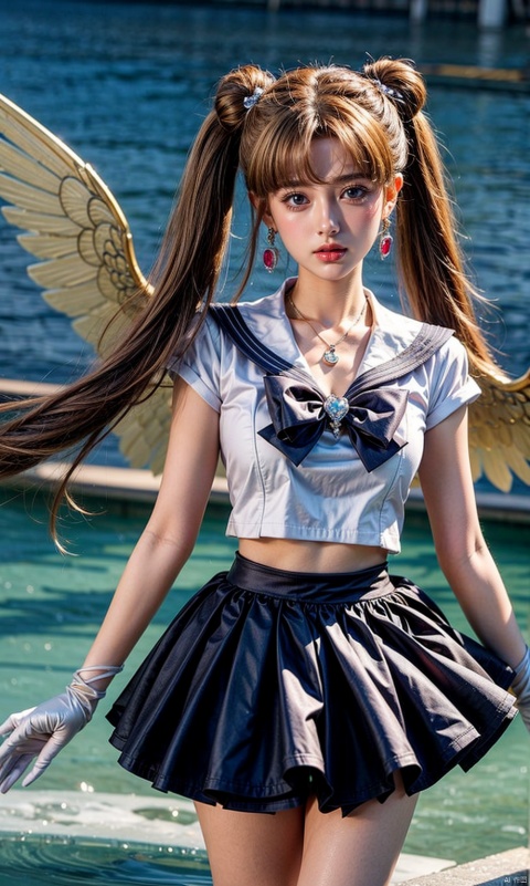 Long hair,Sailor Uniform, Jewelry, Necklace, Earrings, headdress, skirt, bow, (water), ((ice)), ,((ice crystal texture wings)),(masterpiece, best quality),double bun,twintails,, gloves,((Crystal)),beautiful detailed glow,detailed ice,beautiful detailed water