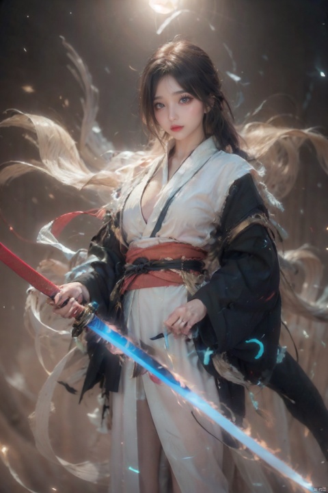  ((minimalist style)), High detailed, masterpiece, ((Front wheel empty light)), 1 girl, solo, (Female Focus), aqua eyes, multicolored eyes, ((Eye highlight)), ((Red glossy lip gloss)), Earrings, bangs, long hair, Hair ornaments, kimono, Printing, Medium chest, ((5 fingers)), ((1 handful Katana/hilt/Blade/)), ((Motion delay light、light painting)), ((Motion delay light| White light painting)), fine gloss, (Desert background), Film and television style, reflection light, motion blur, Depth of field, sparkle, Surrealism, Conceptual art, glowing light, anaglyph, UHD, 8K, best quality, textured skin, 1080P, ccurate, retina,