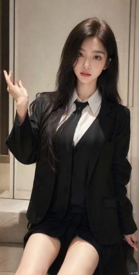 1girl, solo, open mouth, bangs, skirt, shirt, black hair, long sleeves, jacket, white shirt, pleated skirt, collared shirt, black skirt, medium hair, black footwear, black jacket, shirt tucked in, knee pads