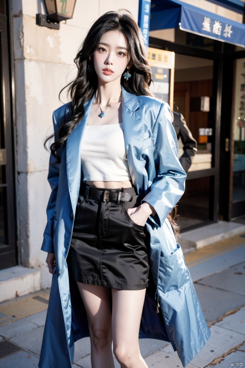  masterpiece, best quality,1girl,solo focus,standing in front of a building, black long hair, wearing a necklace, delicate face, beautiful eye, long coat,blue short skirt,snap-fit buckle,close-up,hand in pocket, dofas