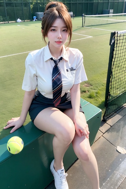 1girl, solo, looking at viewer, smile, skirt, brown hair, shirt, white shirt, ponytail, short sleeves, necktie, shoes, plaid , plaid skirt, ball, blue necktie, photo background, tennis ball,
