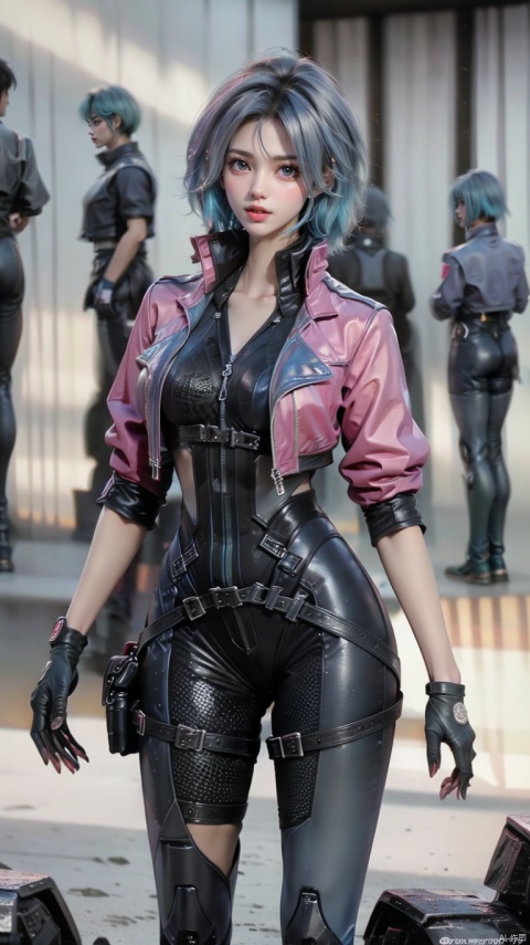  Jing,1girl,solo,blue hair,multicolored hair,gloves,looking at viewer,jacket,bodysuit,short hair,cropped jacket,science fiction,bodysuit,thigh strap,d.va \(overwatch\),boots,thigh strap,city,scenery,sky,science fiction,building,cloudy sky,night,cityscape,outdoors,(blur background:1.3),(raw photo:1.2),((photorealistic:1.4))best quality,masterpiece,illustration,an extremely delicate and beautiful,extremely detailed,CG,unity,8k wallpaper,Amazing,finely detail,masterpiece,best quality,official art,extremely detailed CG unity 8k wallpaper,absurdres,incredibly absurdres,huge filesize,ultra-detailed,highres,extremely detailed,beautiful detailed girl,cinematic lighting,1girl,pale skin,tall female,(perfect body shape),skinny body,Slender legs,