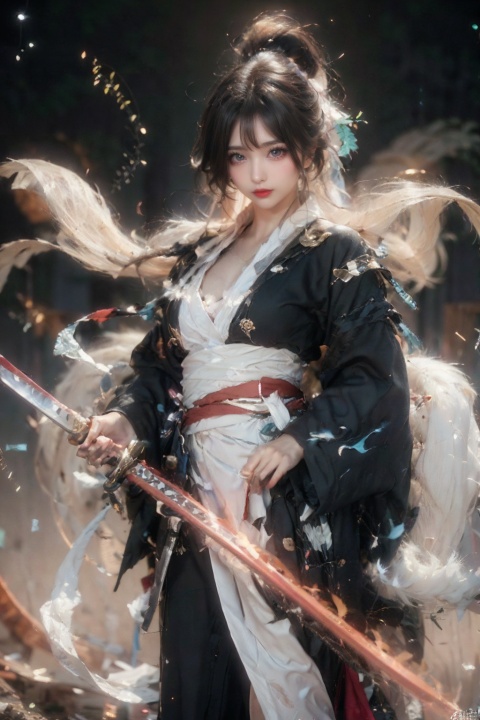  ((minimalist style)), High detailed, masterpiece, ((Front wheel empty light)), 1 girl, solo, (Female Focus), aqua eyes, multicolored eyes, ((Eye highlight)), ((Red glossy lip gloss)), Earrings, bangs, long hair, Hair ornaments, kimono, Printing, Medium chest, ((5 fingers)), ((1 handful Katana/hilt/Blade/)), ((Motion delay light、light painting)), ((Motion delay light| White light painting)), fine gloss, (Desert background), Film and television style, reflection light, motion blur, Depth of field, sparkle, Surrealism, Conceptual art, glowing light, anaglyph, UHD, 8K, best quality, textured skin, 1080P, ccurate, retina,