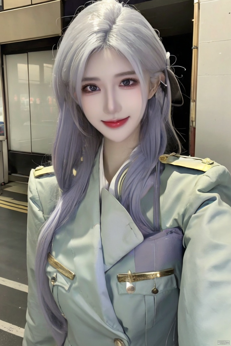  girl, long hair, white hair, purple eyes, military uniform, smile, street