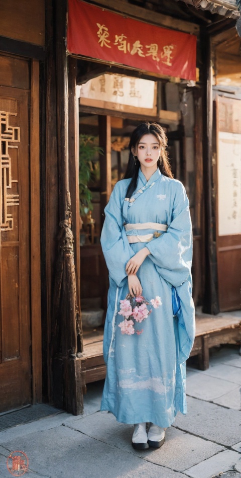 1girl, solo, long hair, black hair, holding, standing, outdoors, wide sleeves, blurry, watermark, chinese clothes, architecture, east asian architecture, hanfu