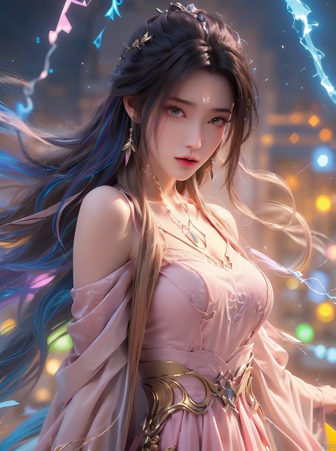  1girl,Bangs, off shoulder, colorful_hair, ((colorful hair)),golden dress, yellow eyes, chest, necklace, pink dress, earrings, floating hair, jewelry, sleeveless, very long hair,Looking at the observer, parted lips, pierced,energy,electricity,magic,tifa,sssr,blonde hair,jujingyi, wangyushan, dofas, forehead mark, (\yan yu\), qingyi