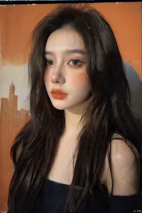  cinematic film still, realistic skin,professional, highly detailed, aesthetic, Best composition,masterpiece, surrealism, highly detailed, a portrait painting of 1girl with orange and blue color pallet, hard brush, city portraits, heavy inking,Skinny, Forceful, short , night view, film
