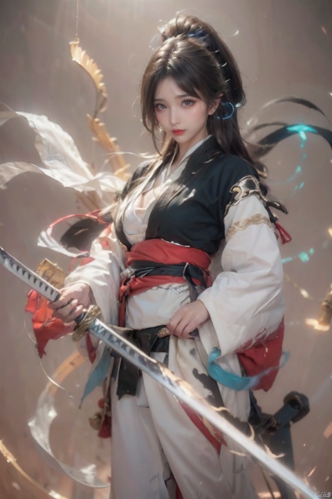  ((minimalist style)), High detailed, masterpiece, ((Front wheel empty light)), 1 girl, solo, (Female Focus), aqua eyes, multicolored eyes, ((Eye highlight)), ((Red glossy lip gloss)), Earrings, bangs, long hair, Hair ornaments, kimono, Printing, Medium chest, ((5 fingers)), ((1 handful Katana/hilt/Blade/)), ((Motion delay light、light painting)), ((Motion delay light| White light painting)), fine gloss, (Desert background), Film and television style, reflection light, motion blur, Depth of field, sparkle, Surrealism, Conceptual art, glowing light, anaglyph, UHD, 8K, best quality, textured skin, 1080P, ccurate, retina,