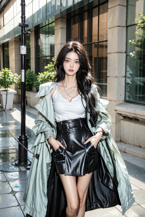  masterpiece, best quality,1girl,solo focus,standing in front of a building, black long hair, wearing a necklace, delicate face, beautiful eye, long coat,blue short skirt,snap-fit buckle,close-up,hand in pocket, dofas