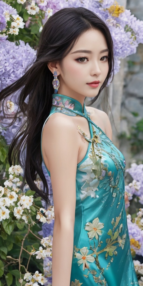  1girl,Mosaic dress,dance, Fairy, crystal, jewels,black, Crystal clear,solo, long hair, looking at viewer,black hair,jewelry, earrings,lips, makeup, portrait, eyeshadow, realistic, nose, A sea of flowers, cheongsam,