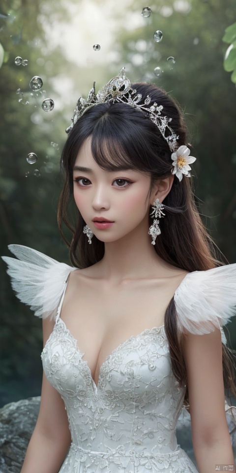 (1girl:1.2),Chinese girls,stars in the eyes,(pure girl:1.1),(white dress:1.1),(full body:0.6),There are many scattered luminous petals,bubble,contour deepening,(white_background:1.1),cinematic angle,,underwater,adhesion,green long upper shan, 21yo girl,jewelry, earrings,lips, makeup, portrait, eyeshadow, realistic, nose,{{best quality}}, {{masterpiece}}, {{ultra-detailed}}, {illustration}, {detailed light}, {an extremely delicate and beautiful}, a girl, {beautiful detailed eyes}, stars in the eyes, messy floating hair, colored inner hair, Starry sky adorns hair, depth of field, large breasts,cleavage,blurry, no humans, traditional media, gem, crystal, still life, Dance,movements, All the Colours of the Rainbow,zj,
simple background, shiny, blurry, no humans, depth of field, black background, gem, crystal, realistic, red gemstone, still life,
, wings, jewels
 1girl,Fairyland Collection Dark Fairy Witch Spirit Forest with Magic Ball On Crystal Stone Figurine,