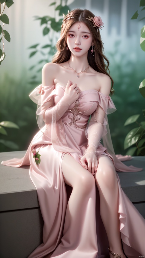  ,1girl,dress,flower,solo,brown hair,pink dress,sitting,rose,plant,long hair,blurry,bare shoulders,pink flower,jewelry,pink rose,necklace,depth of field,off-shoulder dress,parted lips,off shoulder,breasts,looking at viewer,collarbone,lips,vines,strapless,princess,strapless dress,blurry foreground,full body,earrings, lier