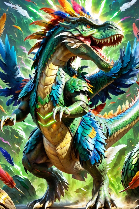  glowing eyes, Dinosaur, colorful feathers,This article is 80 meters tall wearing a green armor emperor dragon, head like majesty, eyes have a flash of Dragon Ball, like colorful Baozhu, belly like mirage, scales like fish, holding a sharp blade, body like ah Luo scene, "secular painting dragon elephant, shoulder behind a pair of laser Suzaku phoenix wings"
Has a high internal force when fighting like a human Chinese dragon, his wings shine, ZLJ