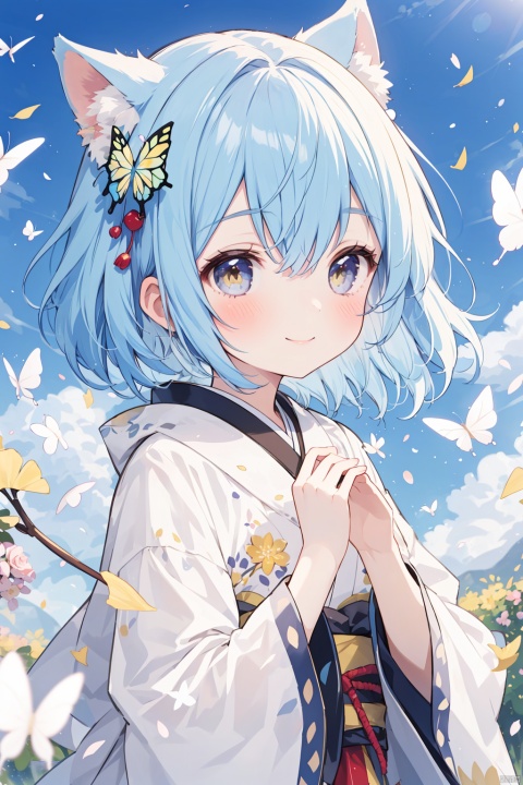 1girl, animal, animal_ears, autumn_leaves, bird, blue_butterfly, blue_hair, blue_sky, blush, bug, butterfly, butterfly_hair_ornament, butterfly_on_hand, butterfly_wings, cherry_blossoms, cloud, confetti, day, dragonfly, falling_leaves, falling_petals, flower, flying, ginkgo_leaf, glowing_butterfly, hair_ornament, japanese_clothes, leaf, leaves_in_wind, mouth_hold, origami, paper_crane, petals, pinwheel, rose_petals, short_hair, sky, smile, solo, spring_\(season\), white_butterfly, wind, yellow_butterfly, yellow_eyes