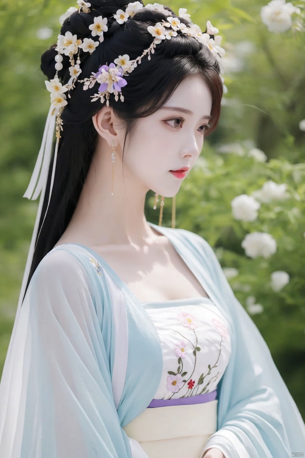 1 girl,Shining diamond earrin,embroidery,lace,Hairpin,head ornament,A garden in full bloom,scenery close by,Hanfu,chest,Plump breasts,cleavage,scenery close by,Upper body portrait,purple,yellow,red