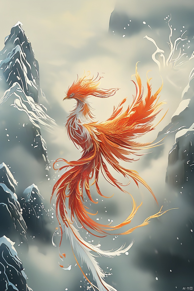  A phoenix formed by ice water, with slender tail feathers fluttering in the wind. Mist covers part of the phoenix's body, and the background is a snowy mountain