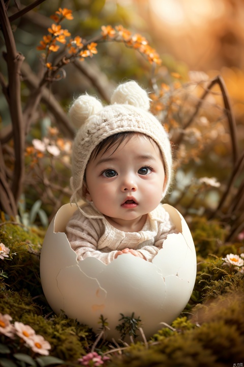 Best quality, masterpiece, photorealistic, 32K uhd, official Art,
1baby,  sitting in a cracked eggshell,laojun, solo, , depth of field