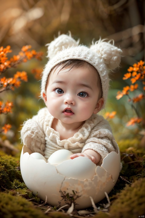 Best quality, masterpiece, photorealistic, 32K uhd, official Art,
1baby,  sitting in a cracked eggshell,laojun, solo, , depth of field