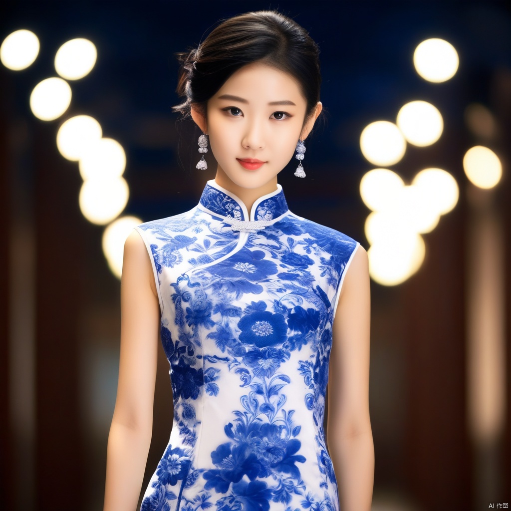 穿着青花瓷风格的中式旗袍少女,时尚中式风,人物肖像,全身景别,背景是虚化的光斑,国际大赛获奖作品