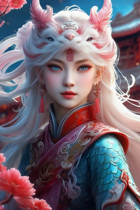  (1 Girl), Blue Eyes, Pink Long Hair, Pink Armor, Chinese Armor, Pink Shawl, Athletic Pose, Night, Outdoors, Web Digital Lighting, Neon Lights, Web Colors, Cherry Blossoms, Petals, Reflective Floor, Splash, Ripples., Weapon Cards, Metal handmade, shanhaijing, (Dragonandgirl
), gongyefeng, Chinese traditional architecture, Dragon and girl