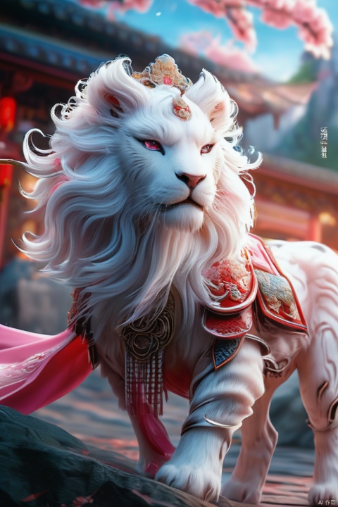  1 Girl, Blue Eyes, Pink Long Hair, Pink Armor, Chinese Armor, Pink Shawl, Athletic Pose, Night, Outdoors, Web Digital Lighting, Neon Lights, Web Colors, Cherry Blossoms, Petals, Reflective Floor, Splash, Ripples., Weapon Cards, Metal handmade, shanhaijing, (White Lion), gongyefeng, Chinese traditional architecture