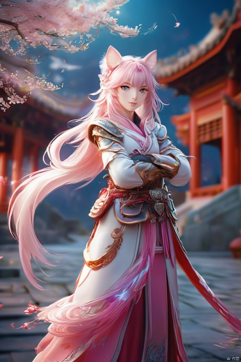  1 Girl, Blue Eyes, Pink Long Hair, Pink Armor, Chinese Armor, Pink Shawl, Athletic Pose, Night, Outdoors, Web Digital Lighting, Neon Lights, Web Colors, Cherry Blossoms, Petals, Reflective Floor, Splash, Ripples., Weapon Cards, Metal handmade, shanhaijing, White Tiger,