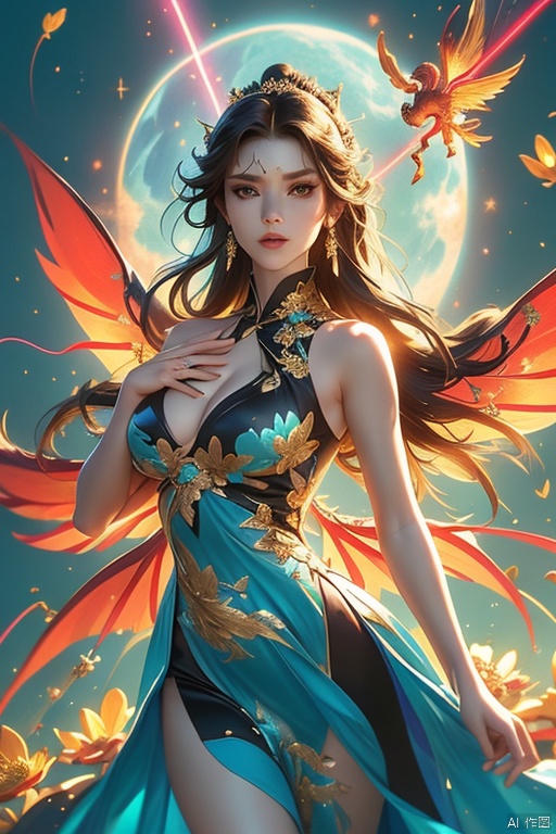 Flowers Fashion, 1 Dragon, Girl Body, Pair Of Suzaku Phoenix Big Wings On Shoulder, Sparkling, Laser Laser Eye, Solo, Dress, Black Hair, Flower, Aqua Dress, Blue Dress, Looking At Viewer, Floral Background, Sleeveless, Reality, Parted Lips, Sleeveless Dress