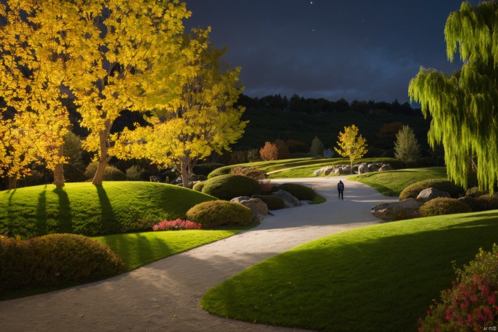  masterpiece,best quality,kss,park,landscape,outdoor,steps,scenery,in autumn,in a meadow,plant,no human, path, sky,night