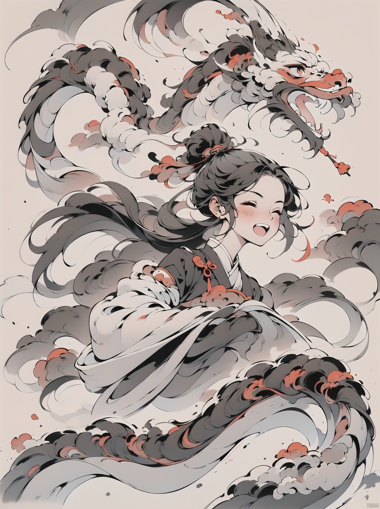 1girl,solo,dragon,中国风,ink wash painting,Ink scattering_Chinese style,\shi shiruyi\,1girl, blush, smile, open mouth