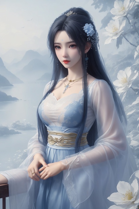  best quality ,masterpiece, illustration, an extremely delicate and beautiful, extremely detailed ,CG ,unity ,8k wallpaper, Amazing, finely detail, masterpiece,best quality,official art,extremely detailed CG unity 8k wallpaper,
1girl, solo, long hair, hair ornament, long sleeves, dress, jewelry, blue hair, upper body, flower, earrings, blue dress, chinese clothes, ((poakl)),（Porcelain texture：1.2）, qingyi