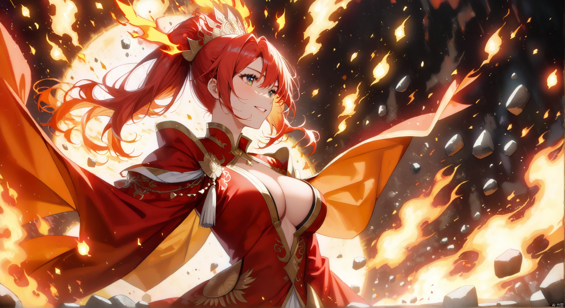  She has red high ponytail and yellow eyes
Elegant - she wear noble and Sexy red War robe with golden patterns and show blod manners.
Majestic - as a strong individual, she exudes a heroic and imposing aura.
Beautiful - As a goddess, she is be good looking and have Infinite beauty.
Sexy - Lateral breast, cleavage,
Queen's temperament - she gives the impression of being aloof, majestic and sacred.
She is a fire God, sacred and inviolable,Mighty and domineering, shining like the sun
She floats in mid air, surrounded by flame elements, With a disdainful smile on his face,her body at the center (releasing countless flame bolts and shattering the surrounding floating stones: 1.3),Giant flame wings unfold,powerful flame magic,
impactful visuals, cinematic, particle effects, lighting effects, exaggerated perspectives and details, fire element