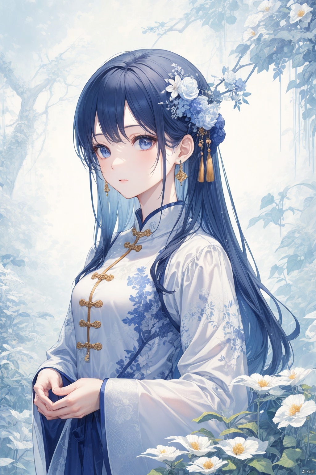  best quality ,masterpiece, illustration, an extremely delicate and beautiful, extremely detailed ,CG ,unity ,8k wallpaper, Amazing, finely detail, masterpiece,best quality,official art,extremely detailed CG unity 8k wallpaper,
1girl, solo, long hair, hair ornament, long sleeves, dress, jewelry, blue hair, upper body, flower, earrings, blue dress, chinese clothes, ((poakl)),（Porcelain texture：1.2）